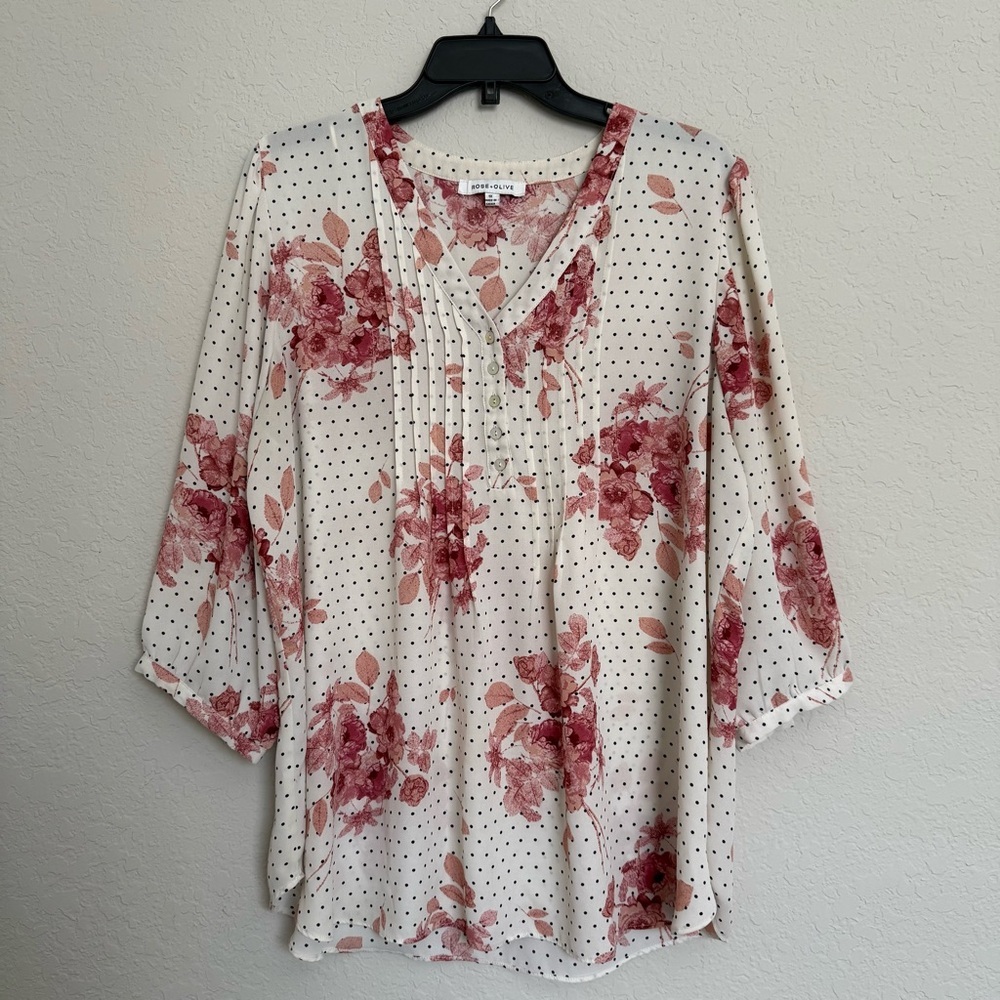 Rose + Olive White Floral Polka Dot Pintuck Popover Blouse Size 1X Boho Flowy